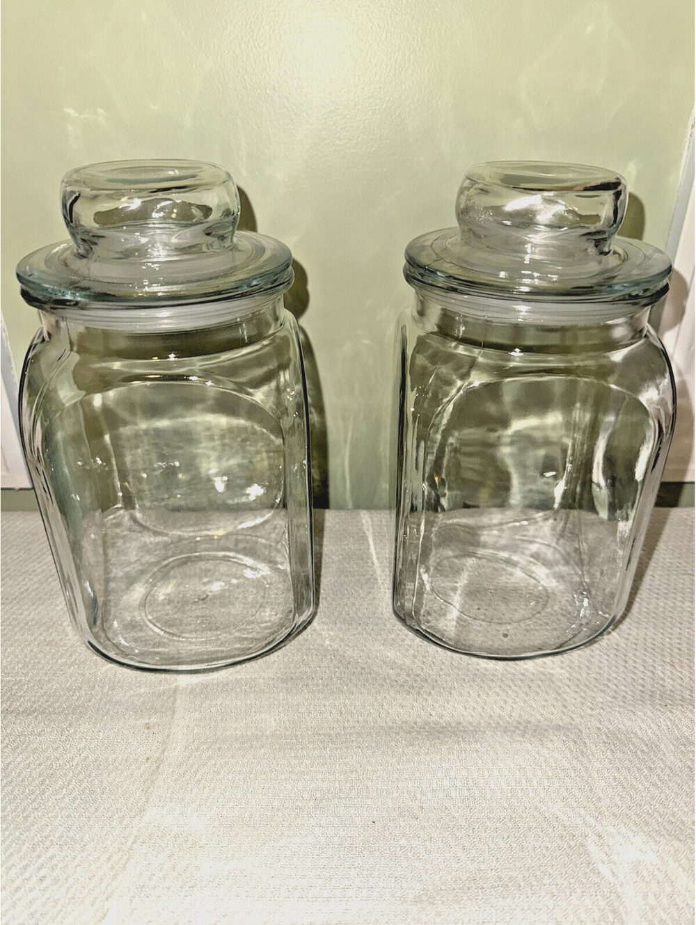 Set of 2 Vintage Clear Glass Apothecary jars/cannisters with tops; country decor